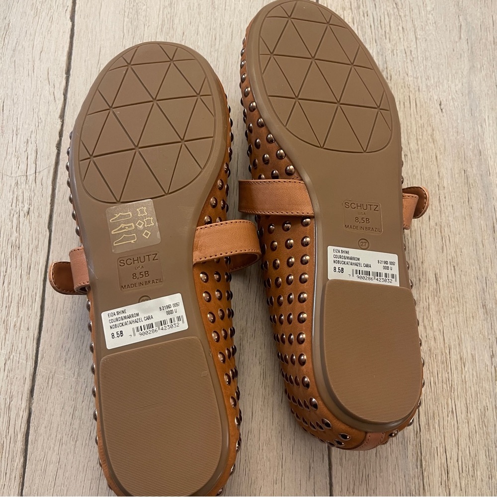 NWOT: SCHUTZ Eizas Brown Studded Flats with Bronze studs and buckle closure - Picture 4 of 5